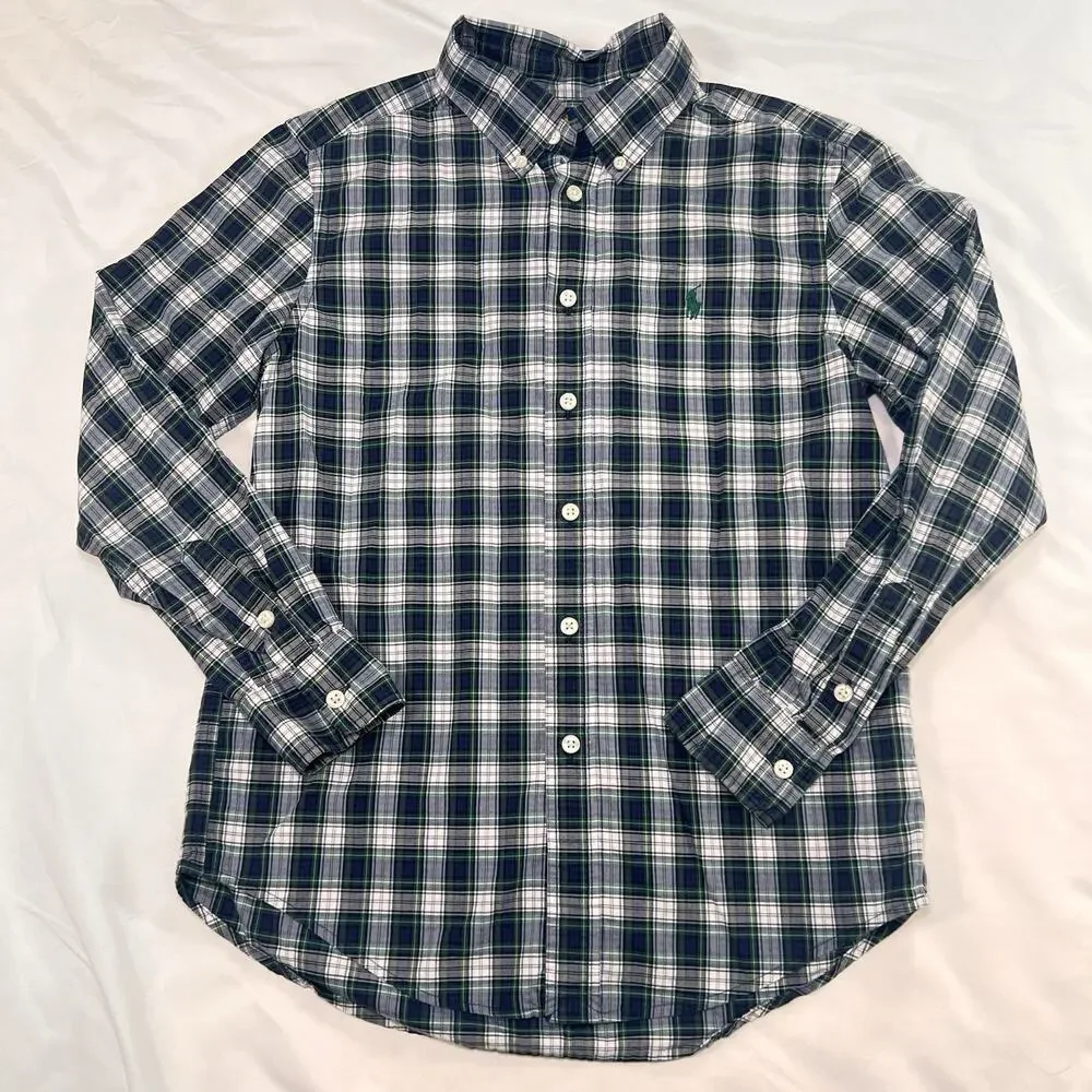 Ralph Lauren Shirt Boys Size M (10-12) Blue Green Tartan Plaid Button Down Polo